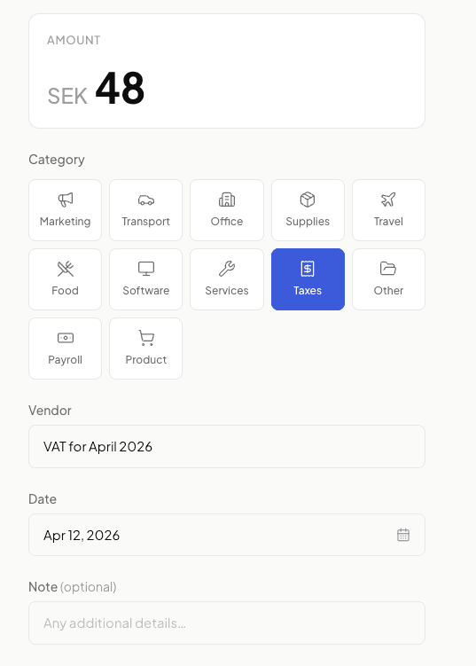 Expense tracking — categorize with one tap, add vendor and notes
