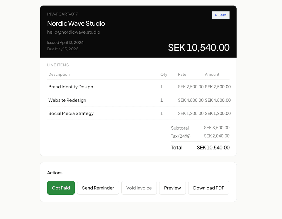 Kelvo Invoices — list view with status, client, amount, and due date